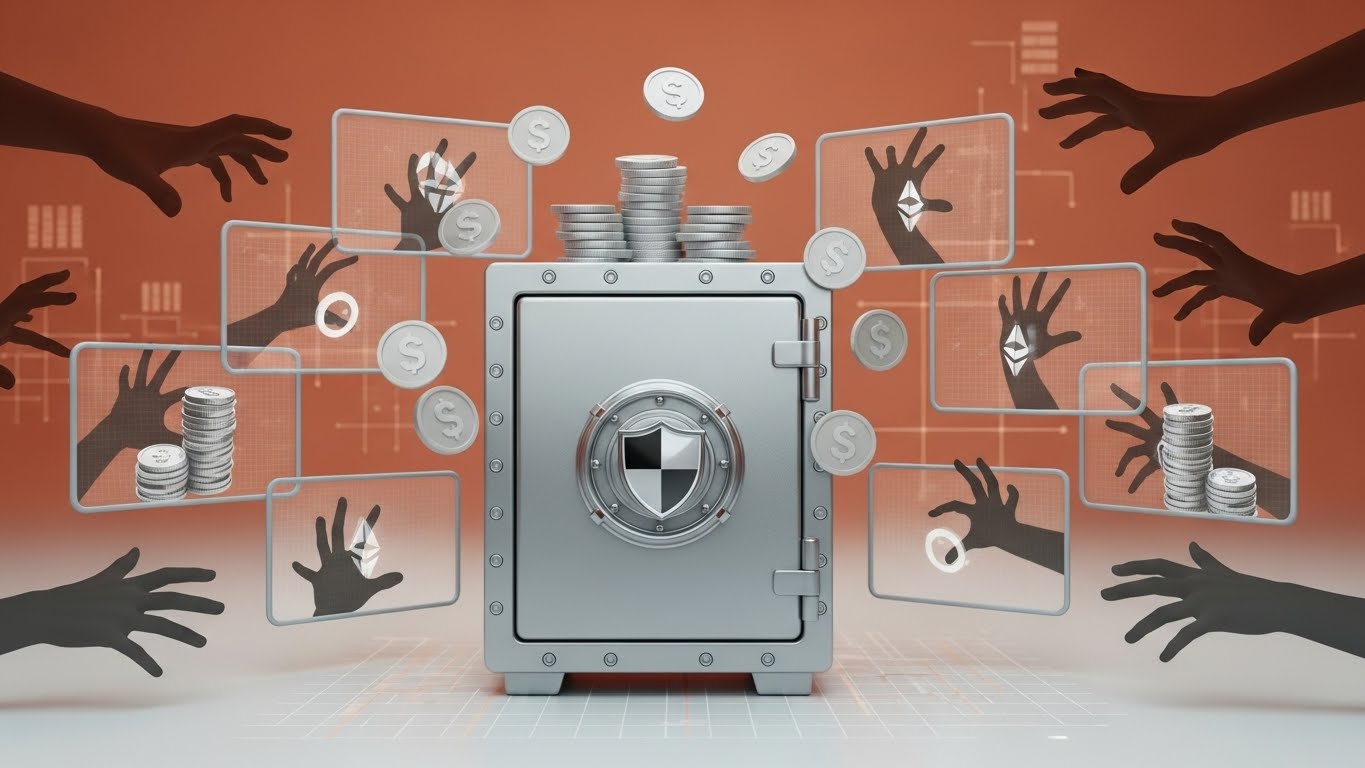 가상자산 및 투자 사기로부터 개인의 자산을 보호하는 디지털 금고와 방패 이미지를 통해 투자 사기 예방을 강조.