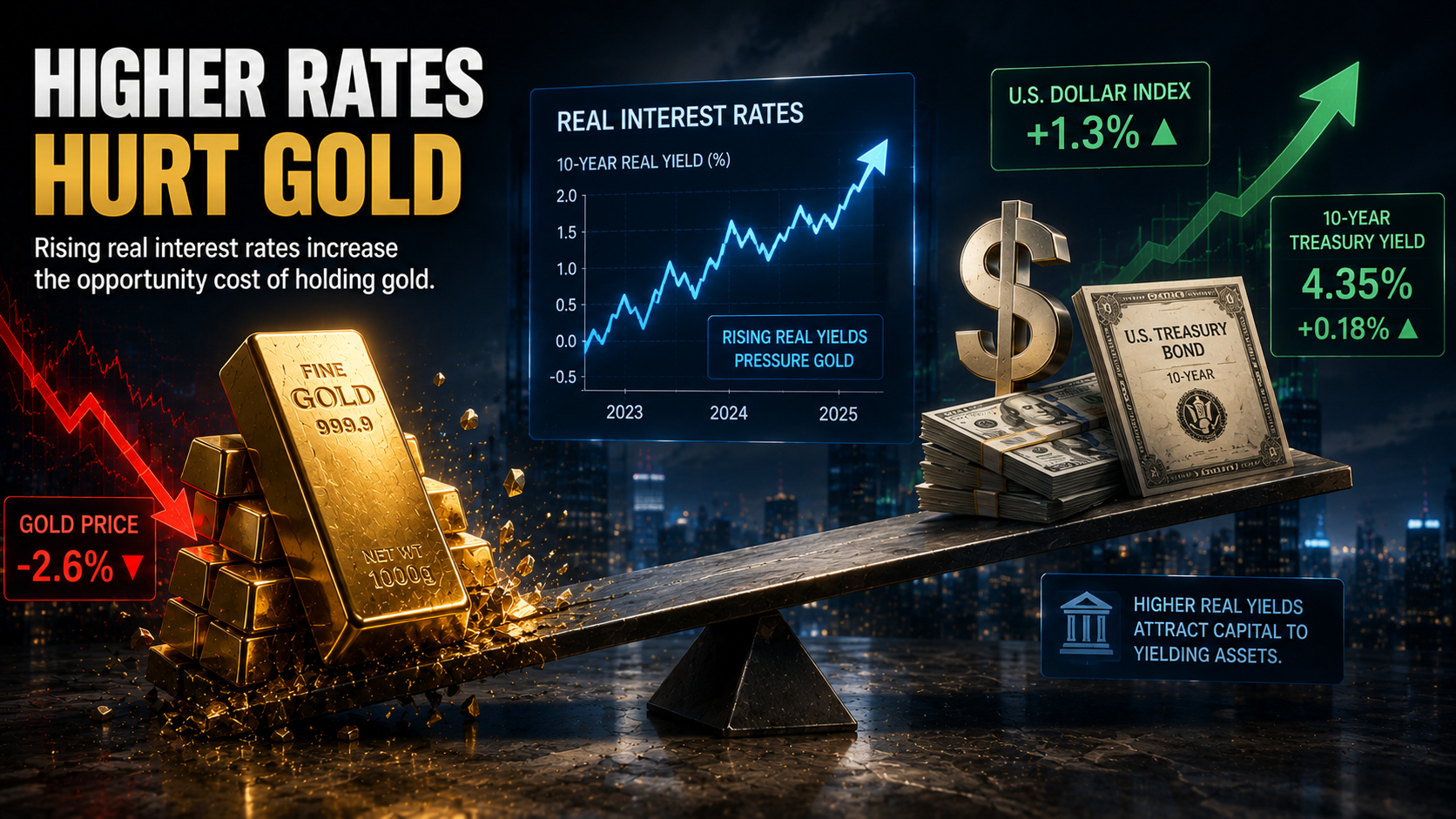 Falling gold prices alongside rising Treasury yields and a stronger U.S. dollar, illustrating the impact of higher real interest rates on gold.