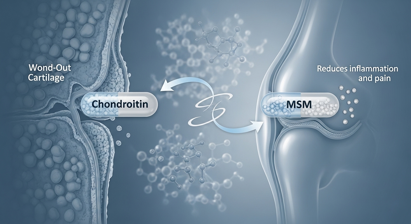 손상된 관절 연골이 콘드로이친과 MSM의 시너지 효과로 재생되고 염증이 완화되는 과정을 시각적으로 보여주는 다이어그램