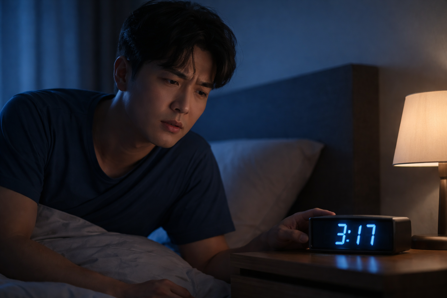 새벽에 잠에서 깨 시계를 확인하는 30대 남성의 모습