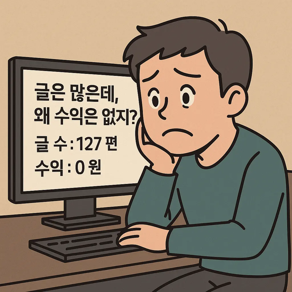 블로그 수익이 없는 이유에 고민하는 블로거의 모습
