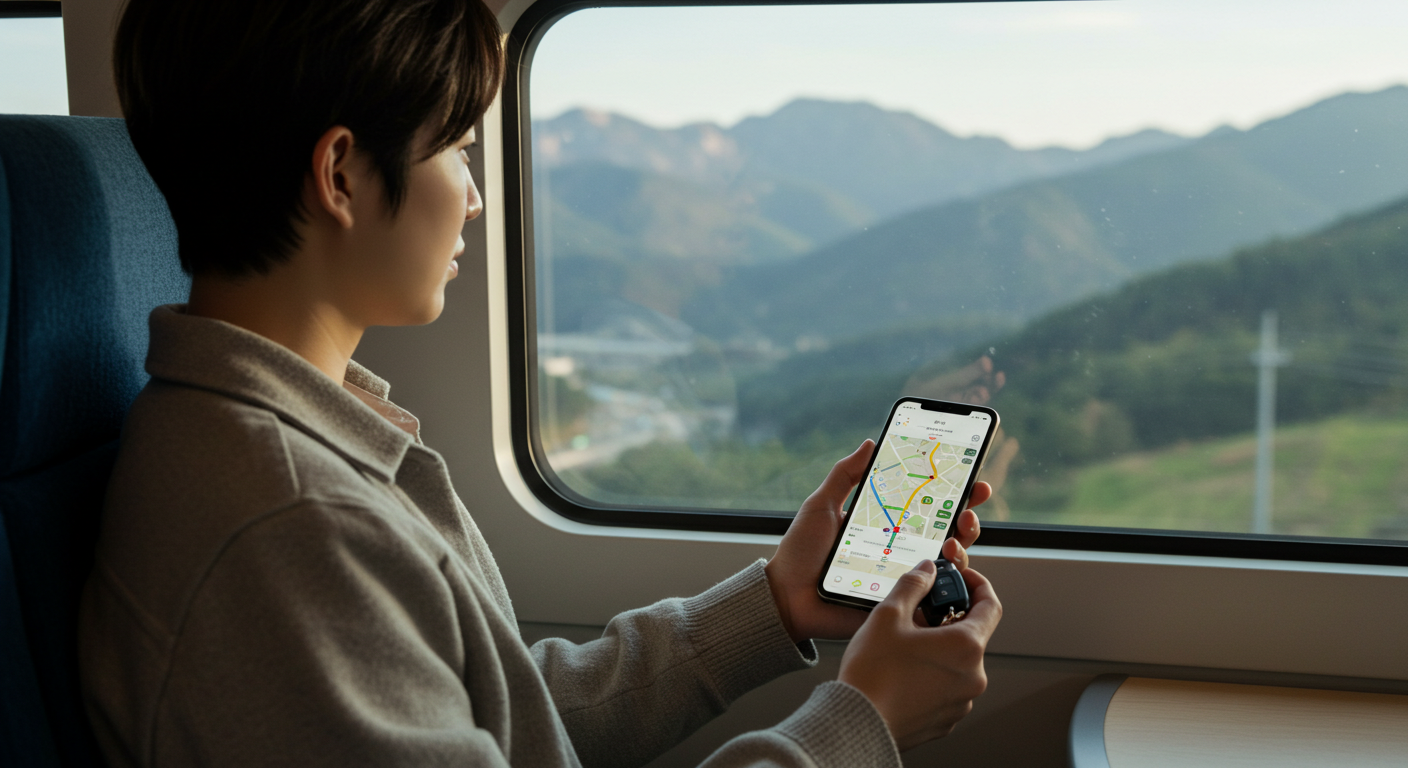 KTX 열차 안에서 평창 렌터카 이동 경로를 확인하는 한국인 여행객