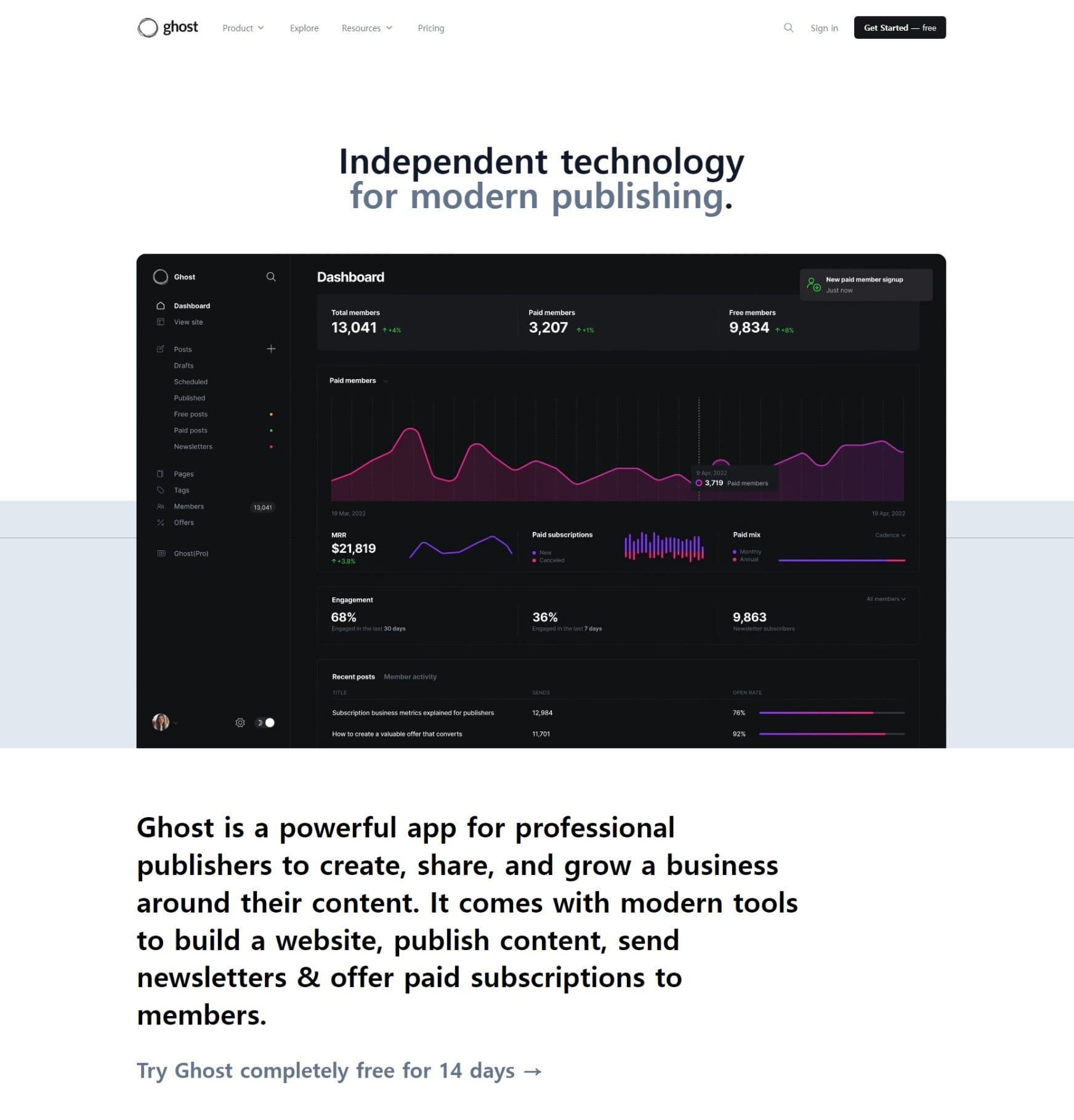 ghost.org의 메인화면을 보여주는 이미지입니다.