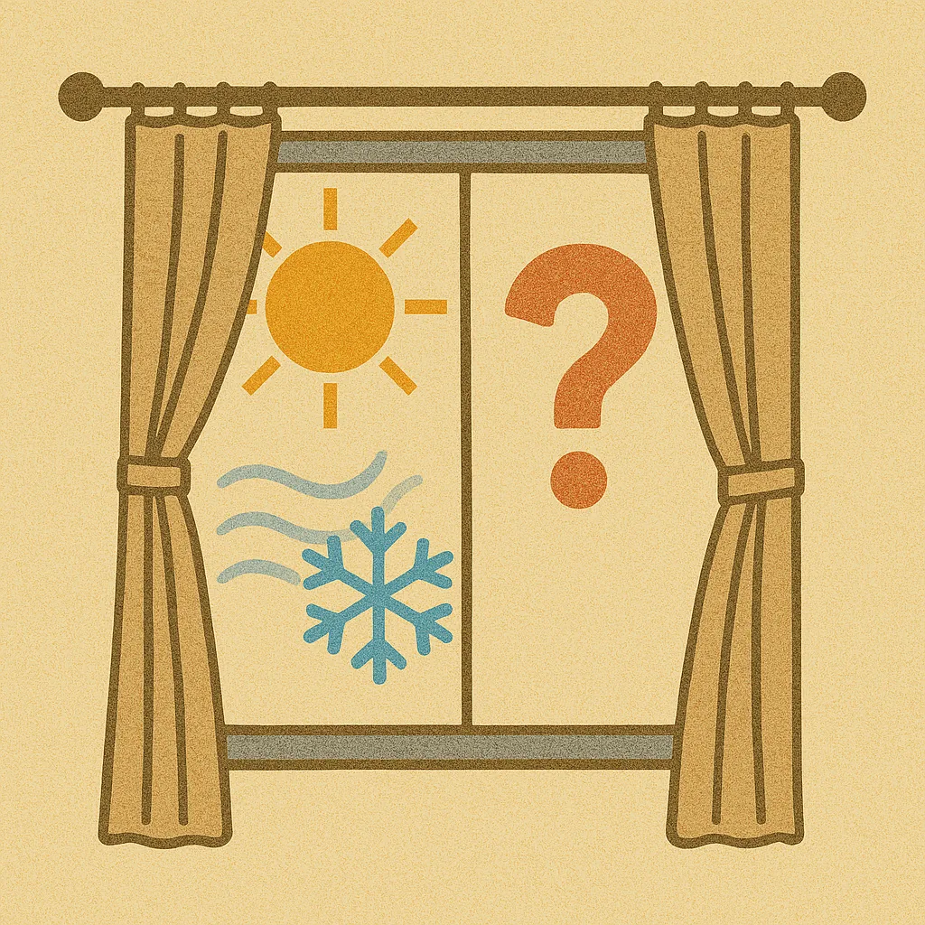 여름에-커튼을-치면-방이-더-시원해지는-이유를-표현한-일러스트-햇빛과-눈송이-아이콘이-있는-창문-양쪽으로-커튼이-드리워진-장면