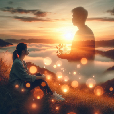 남성과 함께 떠오르는 빛의 구슬들이 신비로운 분위기를 자아내는 장면입니다.