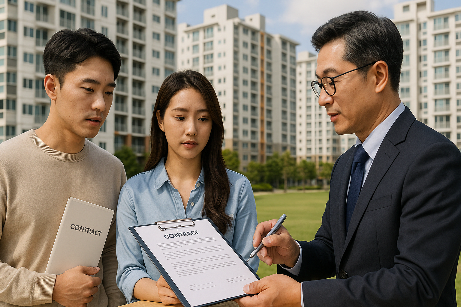 청년 부부가 계약서를 들고 부동산 전문가와 상담