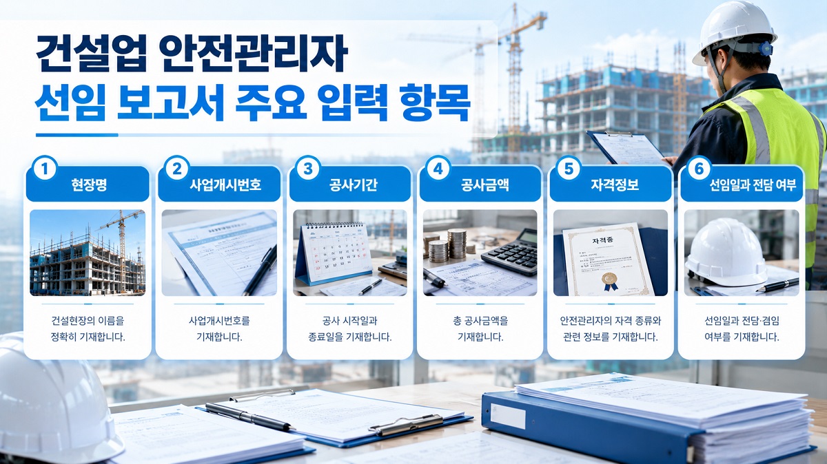 건설업 안전관리자 선임 보고서에 적는 현장 정보와 안전관리자 정보 항목을 정리한 도표