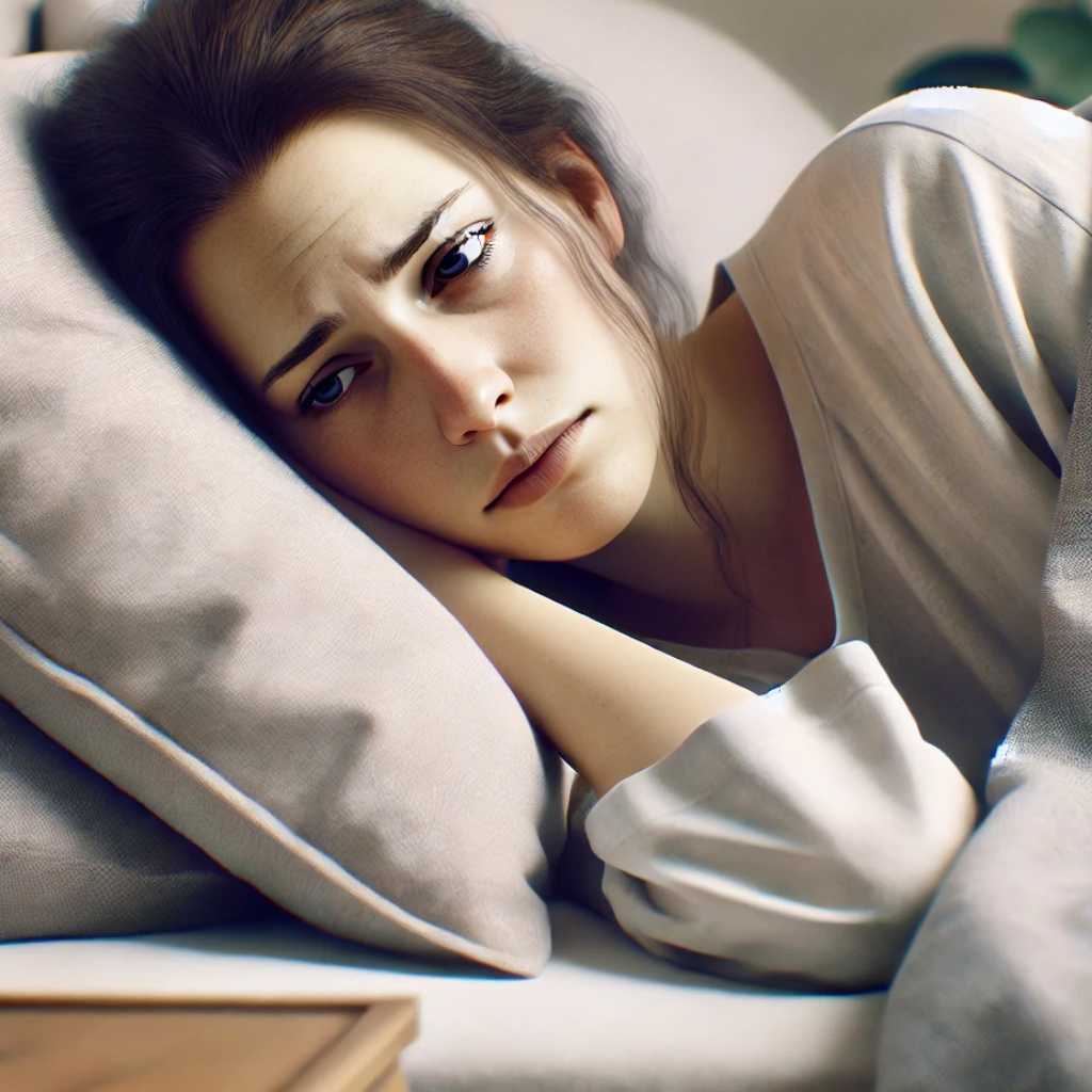 침대에 누워 피곤해 보이는 여성의 모습