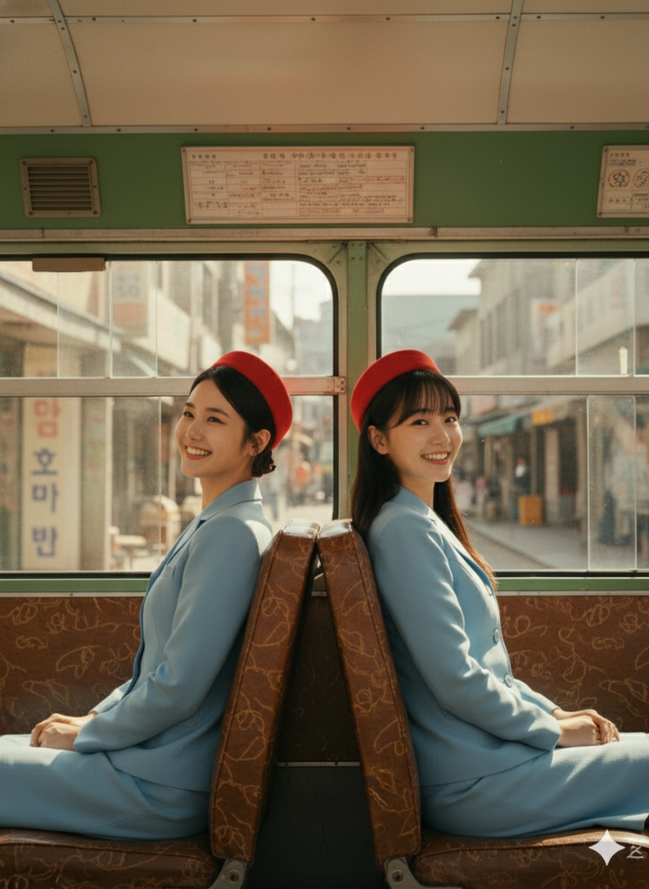 서로 등을 맞대고 버스에 앉아 있는 모습