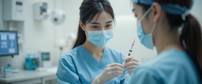 DNA 주사 시술 전 주사기를 준비 중인 여성 간호사의 모습