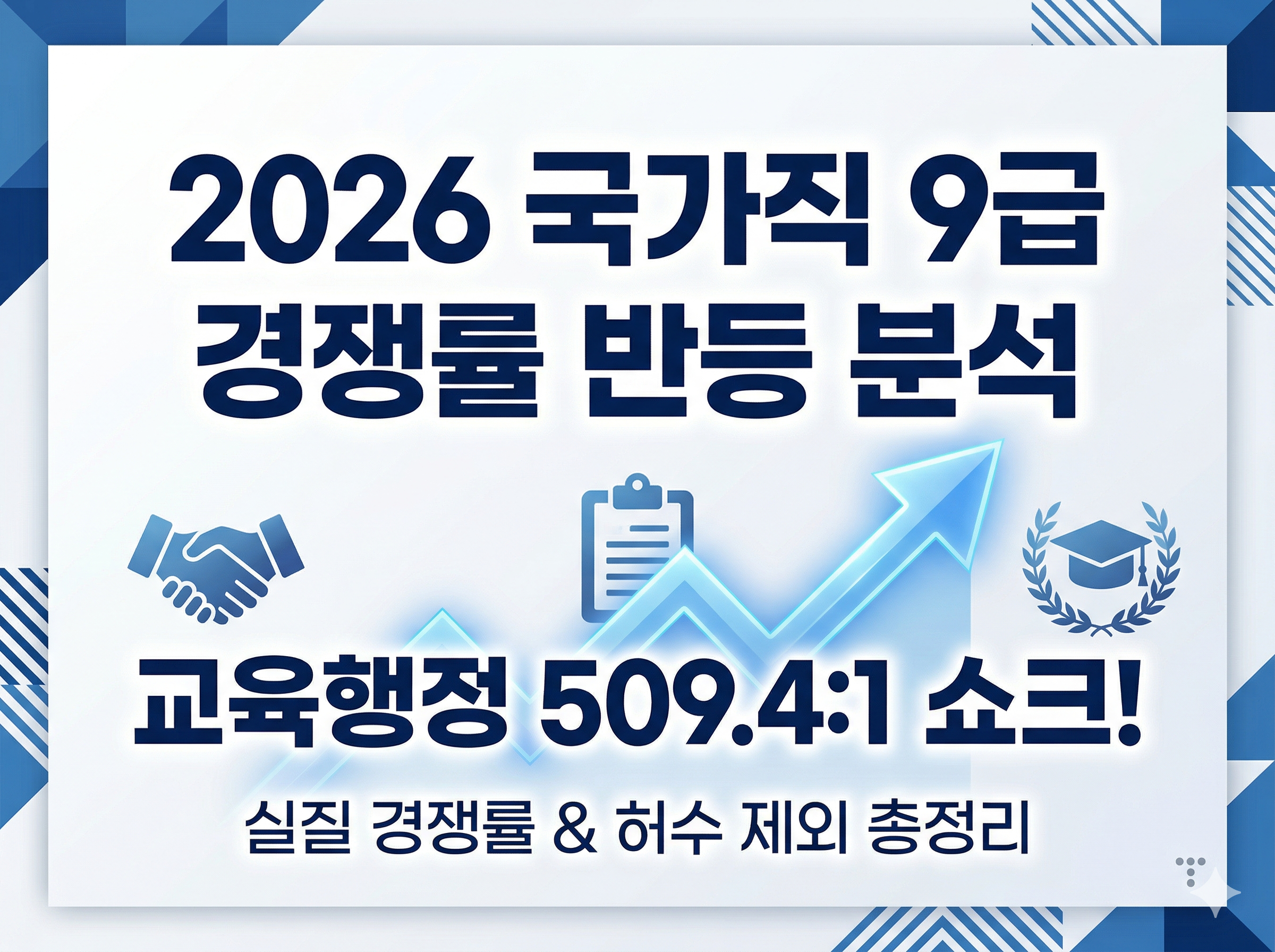 2026년 국가직 9급 공무원 경쟁률 반등 분석 Tistory 블로그 썸네일. 화이트와 블루 톤의 깔끔한 비즈니스 디자인에 '2026 국가직 9급 경쟁률 반등 분석'과 '교육행정 509.4:1 쇼크!'라는 핵심 텍스트가 중앙에 배치되어 있음.