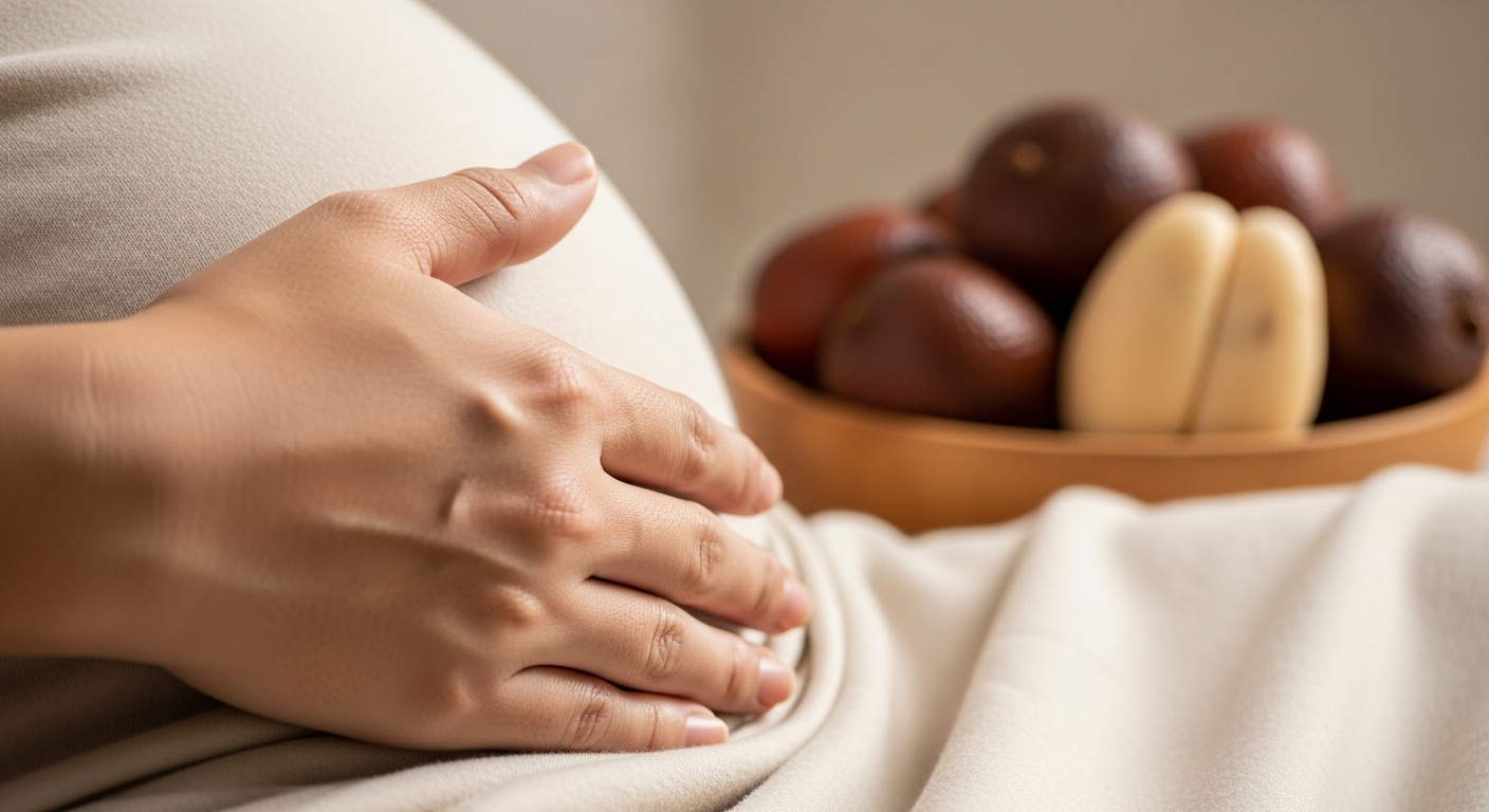 임산부가 배를 만지고 있는 모습. 흐릿한 배경에 살락이 놓여있어 임신 중 살락 섭취에 대한 주의를 상기시키는 이미지.