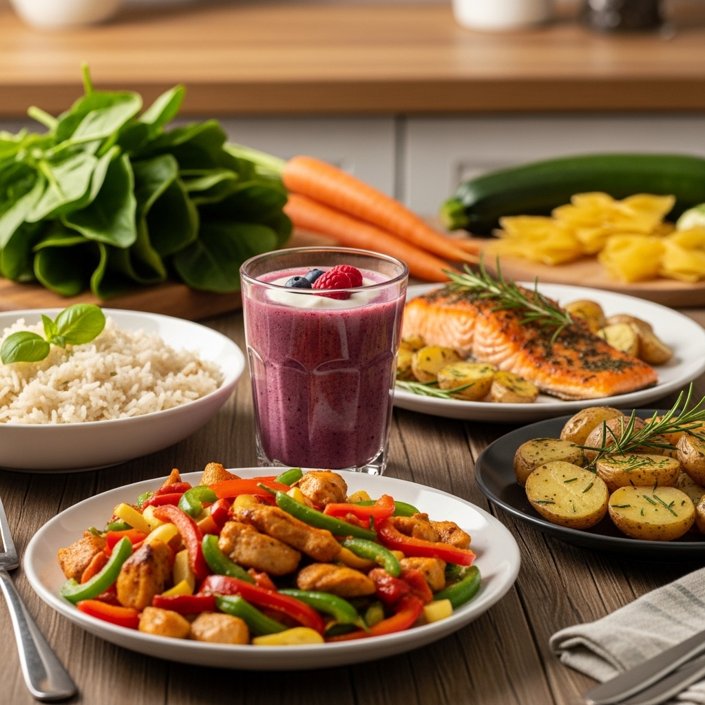 과민성 대장 증후군 완화를 위한 신선하고 맛있는 저포드맵 식단 요리들이 놓인 건강한 식탁