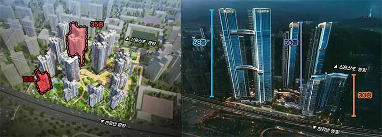 좌 : 한강맨션 35층 설계안 / 우 : 한강맨션 68층 혁신 설계안