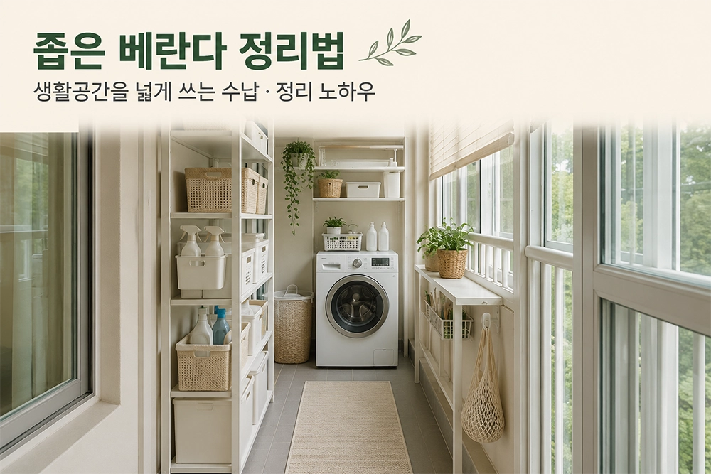 세탁기와 수납 선반을 효율적으로 배치해 통로를 확보한 좁은 베란다 정리 인테리어 모습