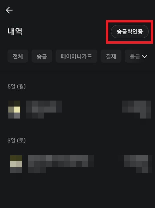 송금확인증 선택