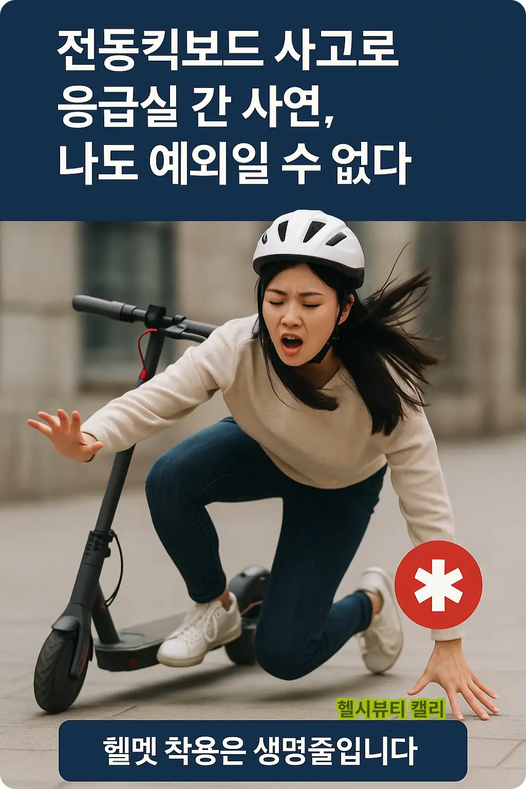 전동킥보드에서 넘어지며 손을 짚는 헬멧 착용 여성 – 사고 위험 경고 인포그래픽