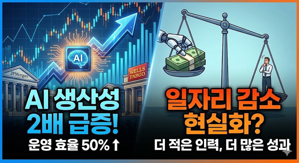 미국 대형 은행(JP모건, 웰스파고)의 AI 도입으로 인한 생산성 2배 급증과 운영 효율 50% 향상을 보여주는 그래프와, 로봇 자동화로 인한 일자리 감소 현실화를 우려하는 저울 이미지가 대비된 금융 뉴스 그래픽