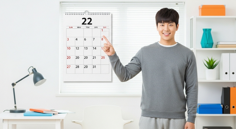 캘린더 앞에서 날짜를 손으로 가리키는 청년