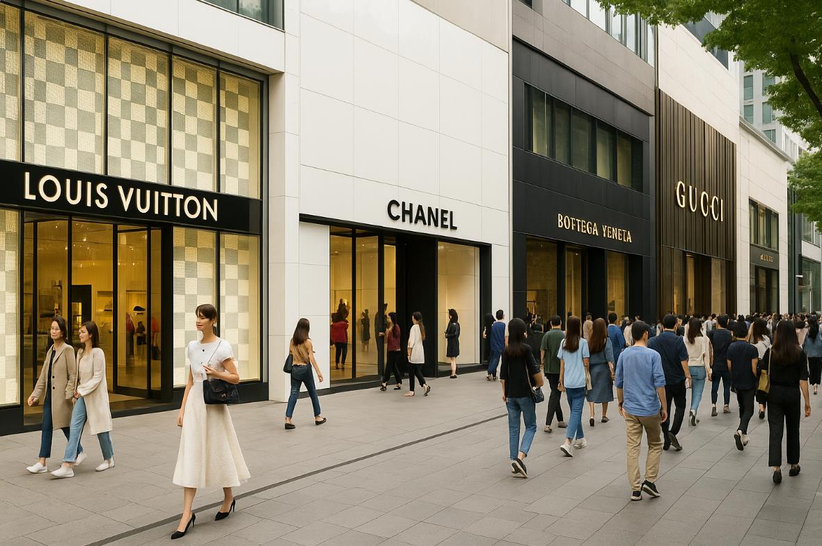 루이비통, 샤넬, 구찌 등 명품 브랜드 매장이 나란히 들어선 거리를 걷는 사람들의 모습