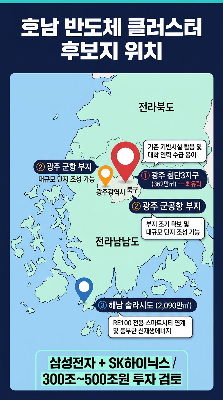 호남 반도체 클러스터 후보지 위치, 지도