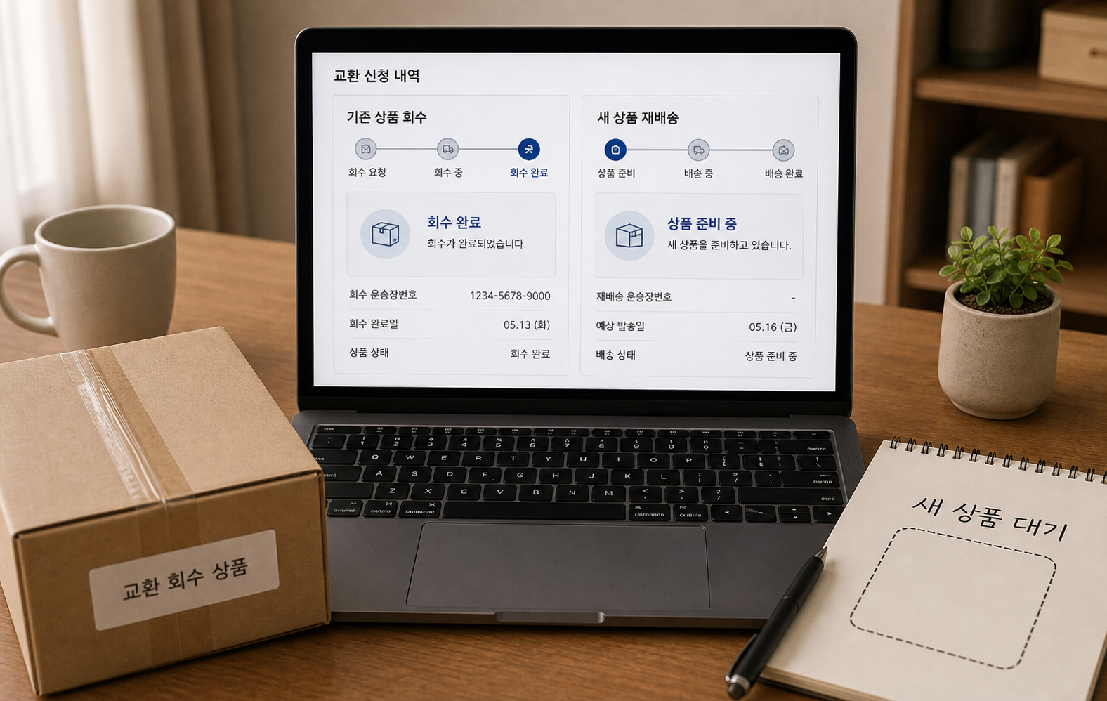교환 신청 후 기존 상품 회수와 새 상품 재배송 상태를 쇼핑몰 화면에서 확인하는 장면