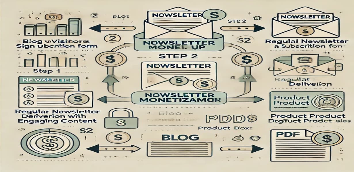 뉴스레터 수익화 단계별 흐름 – 구독자 수집, 콘텐츠 발송, 제휴·상품 수익 연결 인포그래픽