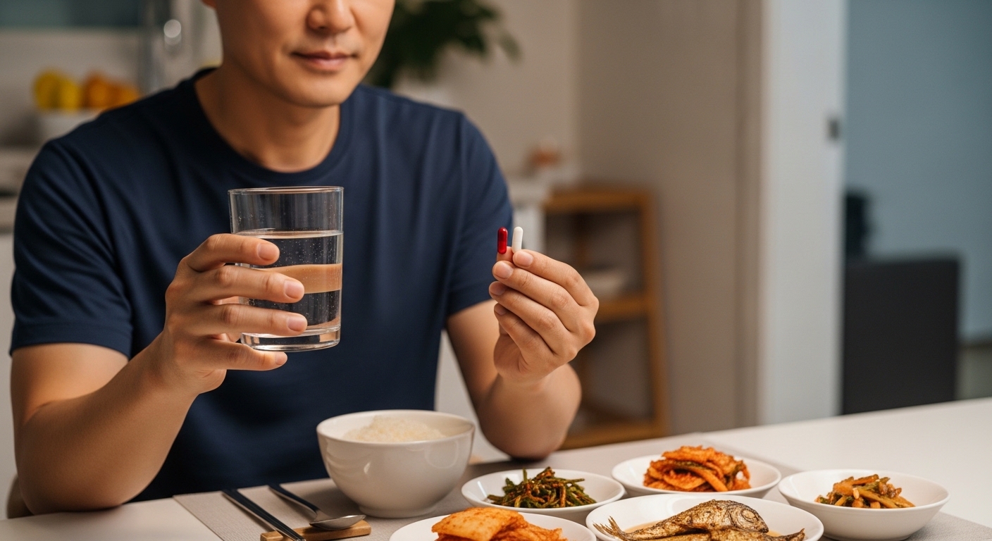 성인-남성-저녁-식사-전-물컵-과-건강보조제-캡슐-손에-들고-있는-장면