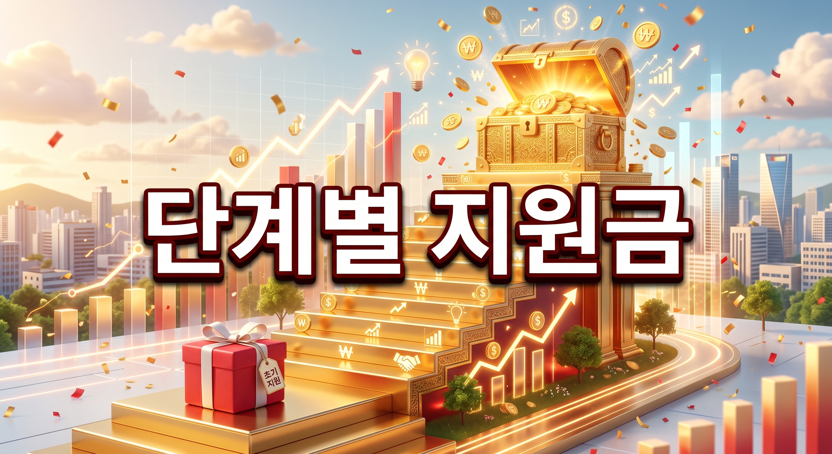 금화가 넘쳐나는 빛나는 대형 황금 보물상자가 맨 꼭대기에 있고 첫 번째 계단에는 작은 붉은색 선물 상자가 놓인 상승하는 황금 계단 3D 일러스트 배경에, 짙은 그림자와 외곽선으로 선명하게 강조된 '단계별 지원금'이라는 한글 문구가 중앙에 적힌 이미지