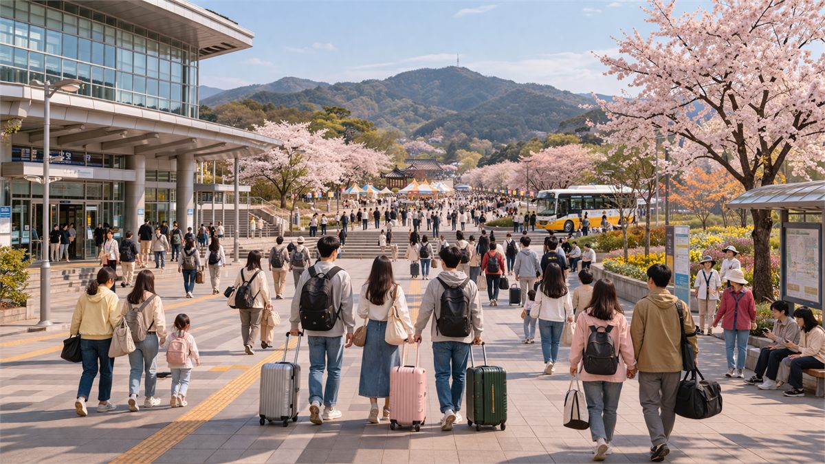 기차역 앞에서 봄 축제 장소로 이동하는 사람들의 흐름 