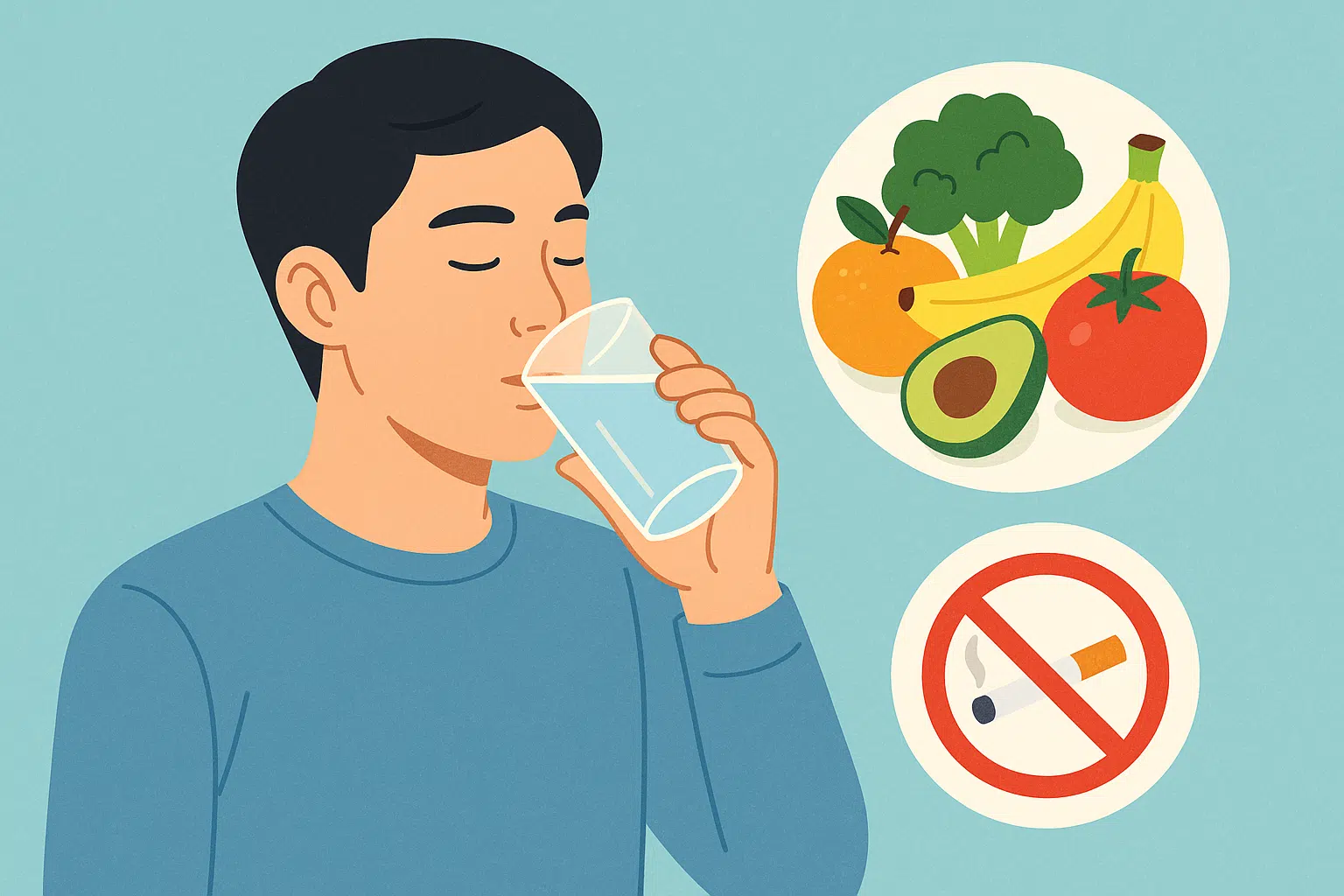 물을 마시는 사람, 신선한 과일과 채소, 금연