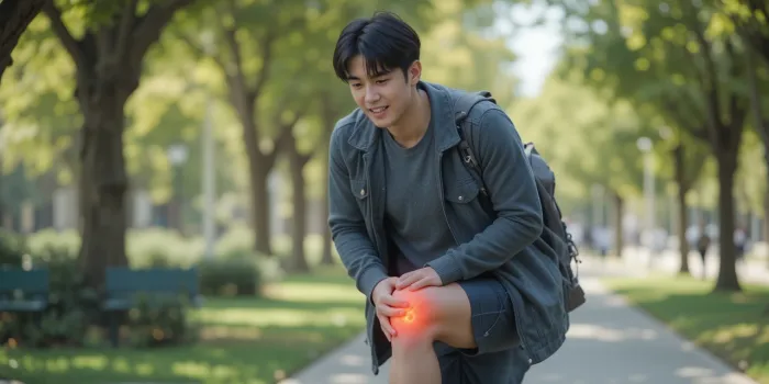 공원에서 무릎 안쪽 통증으로 절뚝거리며 걷는 남성 모습