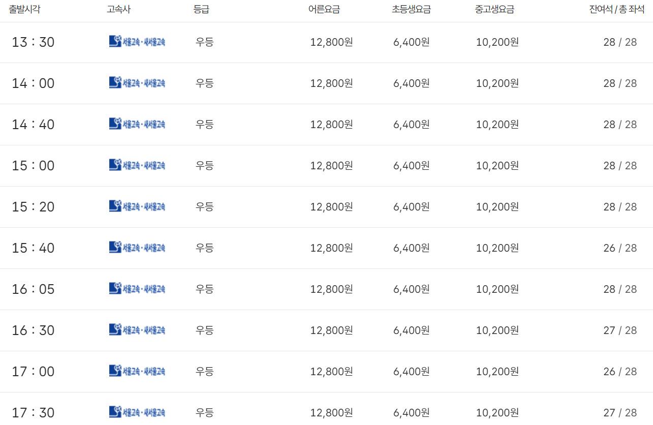 서울 센트럴시티터미널 출발 청주 도착 버스 시간표 13시 17시 30분