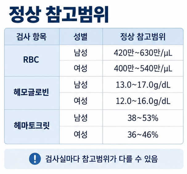 성인 남성과 여성의 RBC 헤모글로빈 헤마토크릿 참고범위를 비교한 혈액검사 표