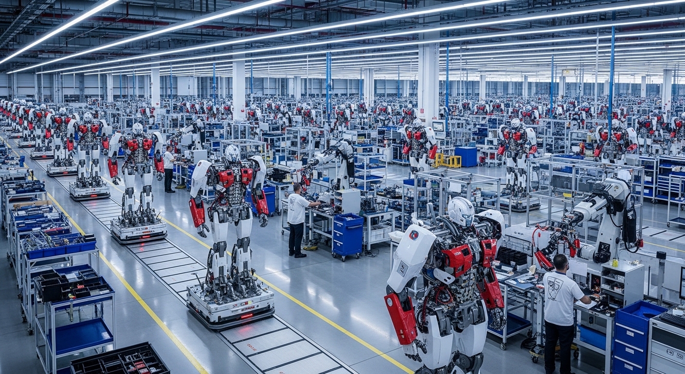 거대한 에너지 저장 장치 메가팩과 생산 라인에서 완성되어 가는 옵티머스 로봇들