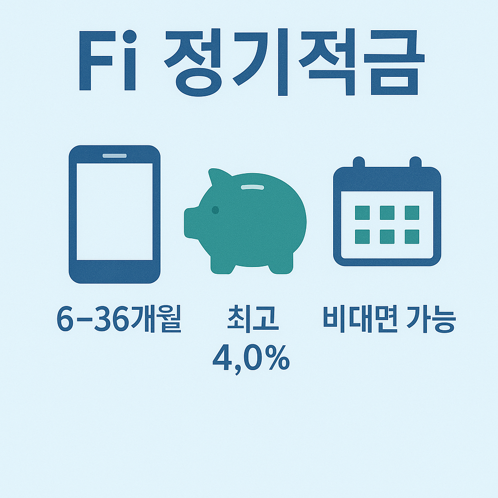다올저축은행 Fi 정기적금은 6개월부터 36개월까지 가입 가능하며 최고 4.0%의 금리를 제공하고 비대면으로 가입할 수 있어 고객에게 편리함과 높은 금리 혜택을 동시에 제공하는 적금 상품 안내 이미지입니다.
