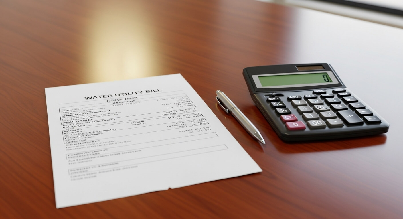 상수도 요금 고지서와 계산기를 책상에 올려둔 장면