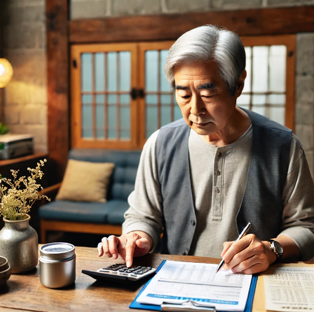 가정에서 계산기와 금융 문서를 사용하여 노후 준비를 계획하는 노인의 모습