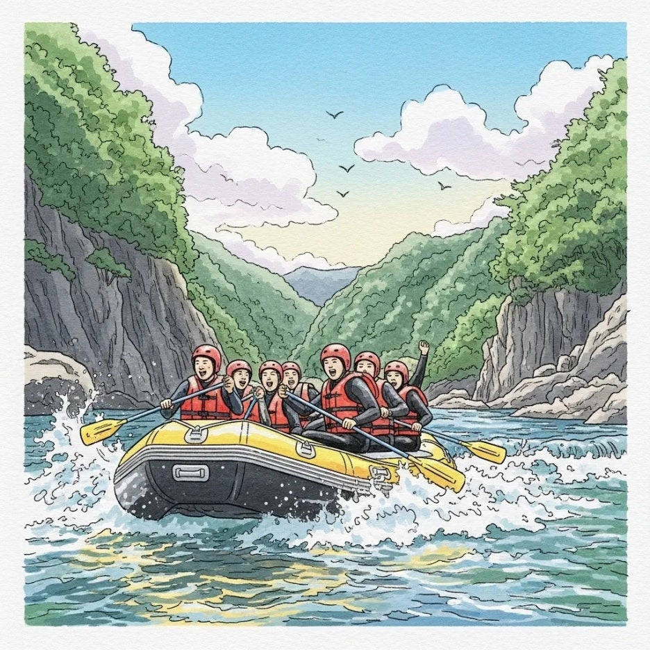 영월 동강에서 시원하게 래프팅을 즐기는 사람들