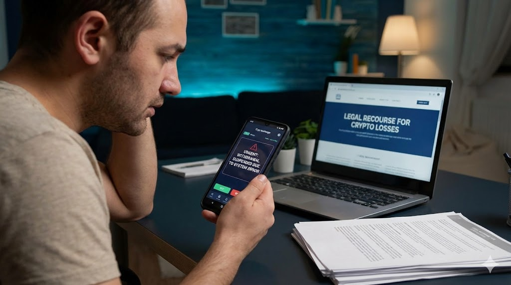 늦은 밤, 한 남성이 걱정스러운 표정으로 스마트폰 화면을 바라보고 있습니다