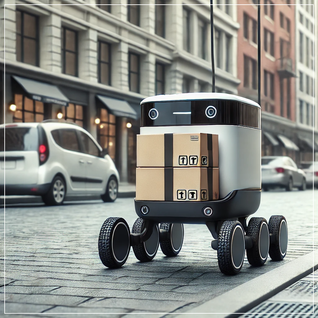 도심 거리를 이동하며 소포를 배달하는 자율주행 배송 로봇.
