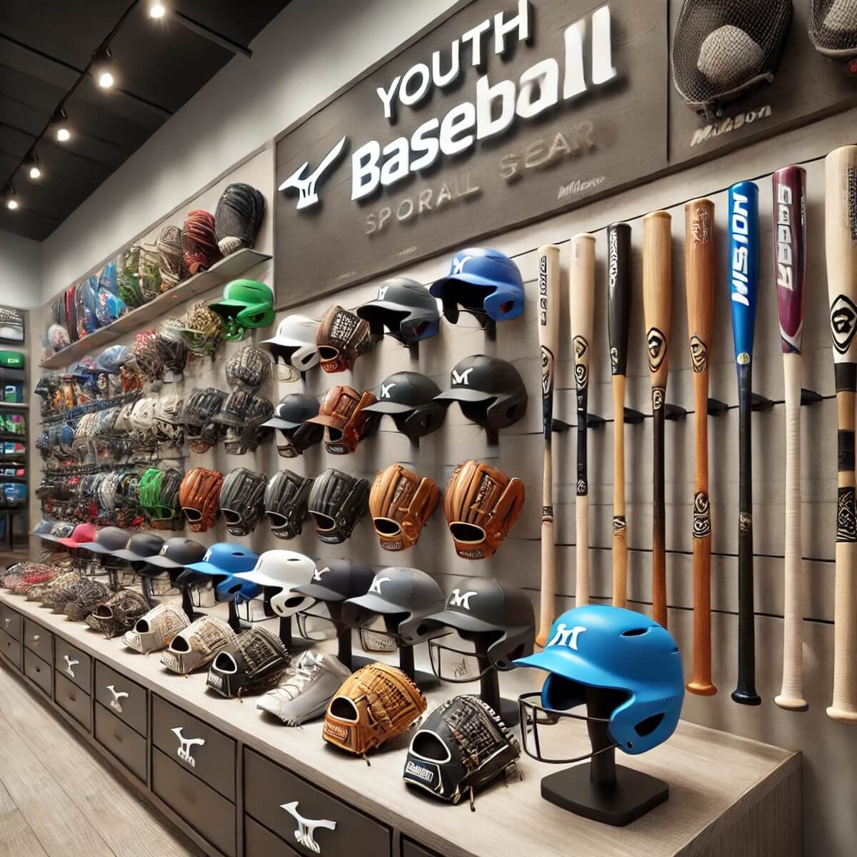 미즈노, 윌슨 등 브랜드 야구용품이 진열된 벽면