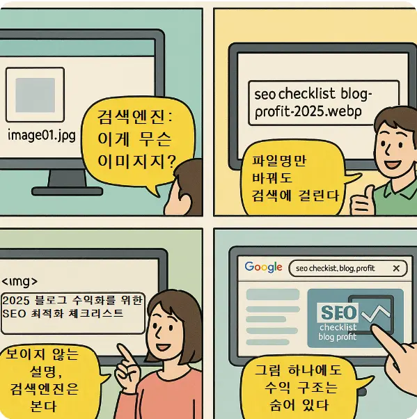 이미지 파일명과 alt 태그 최적화가 검색 노출과 수익 구조에 영향을 주는 과정을 설명한 4컷 웹툰