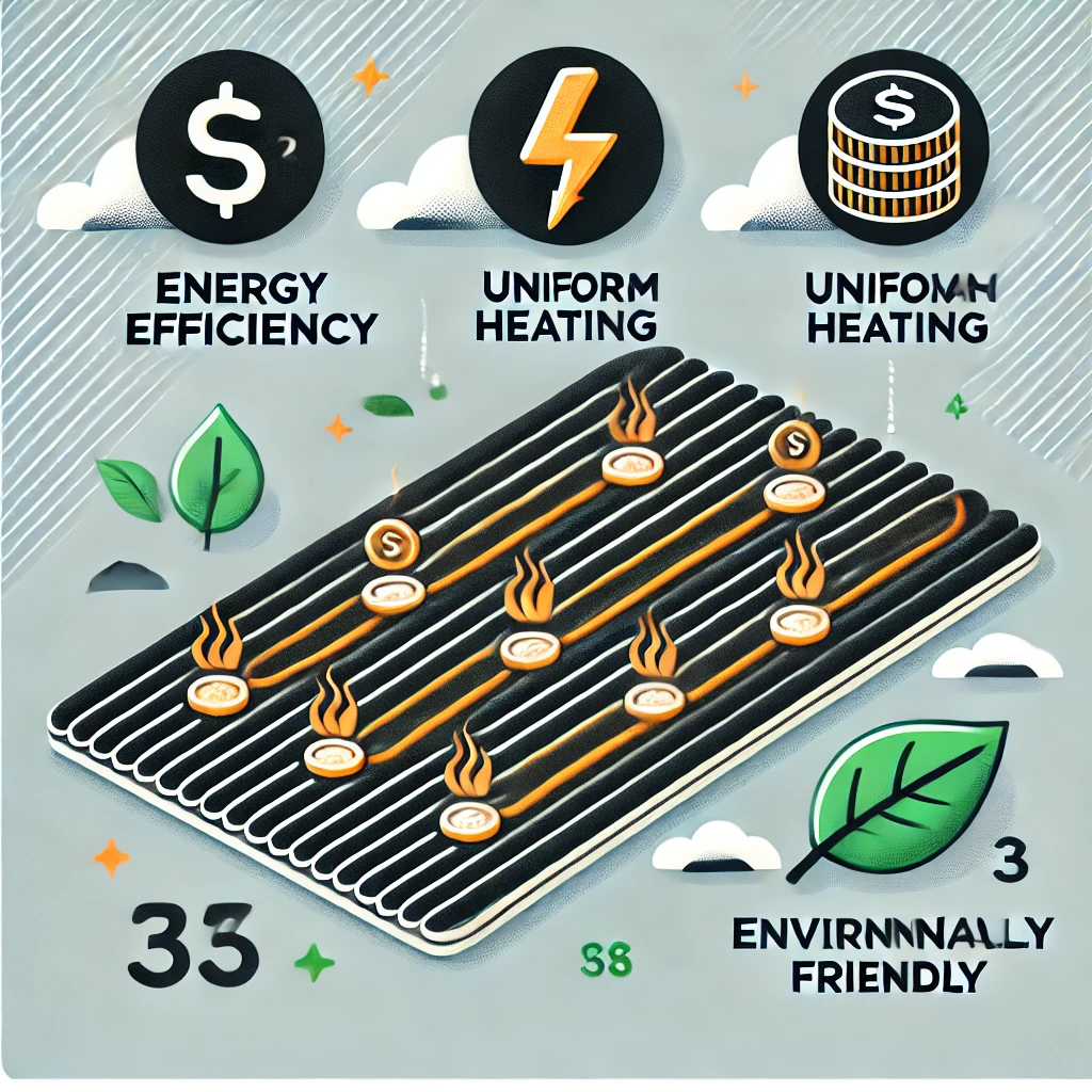에너지 효율&amp;#44; 균일 난방&amp;#44; 환경 친화성을 설명하는 카본매트 인포그래픽