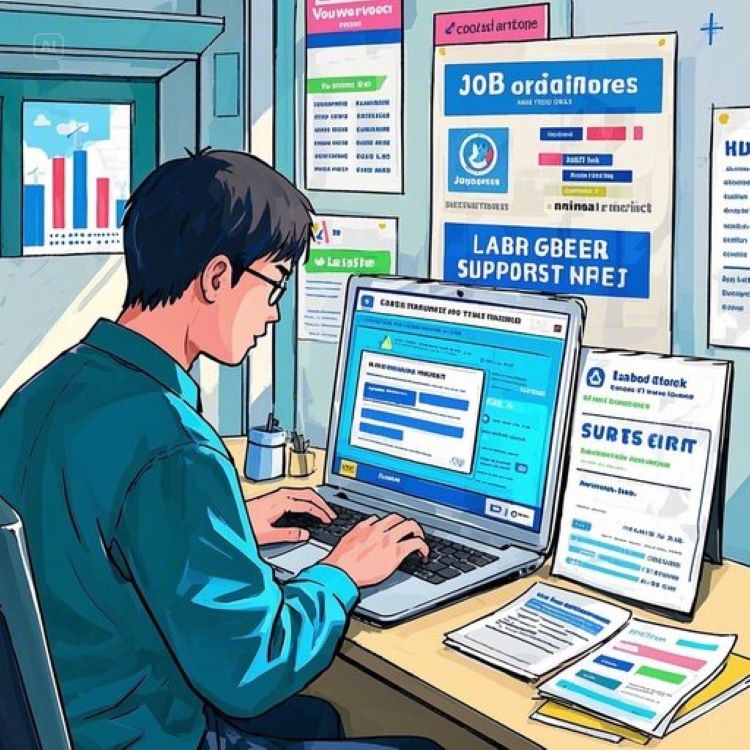 소상공인 또는 실직자가 직업훈련 교실에서 배우는 장면. 배경에 ‘2025년 직업훈련 생계비 지원’ 텍스트와 훈련수당, 전직장려수당 아이콘 흐릿하게 표시. 밝은 파란색과 초록색 톤으로 재기와 희망 강조