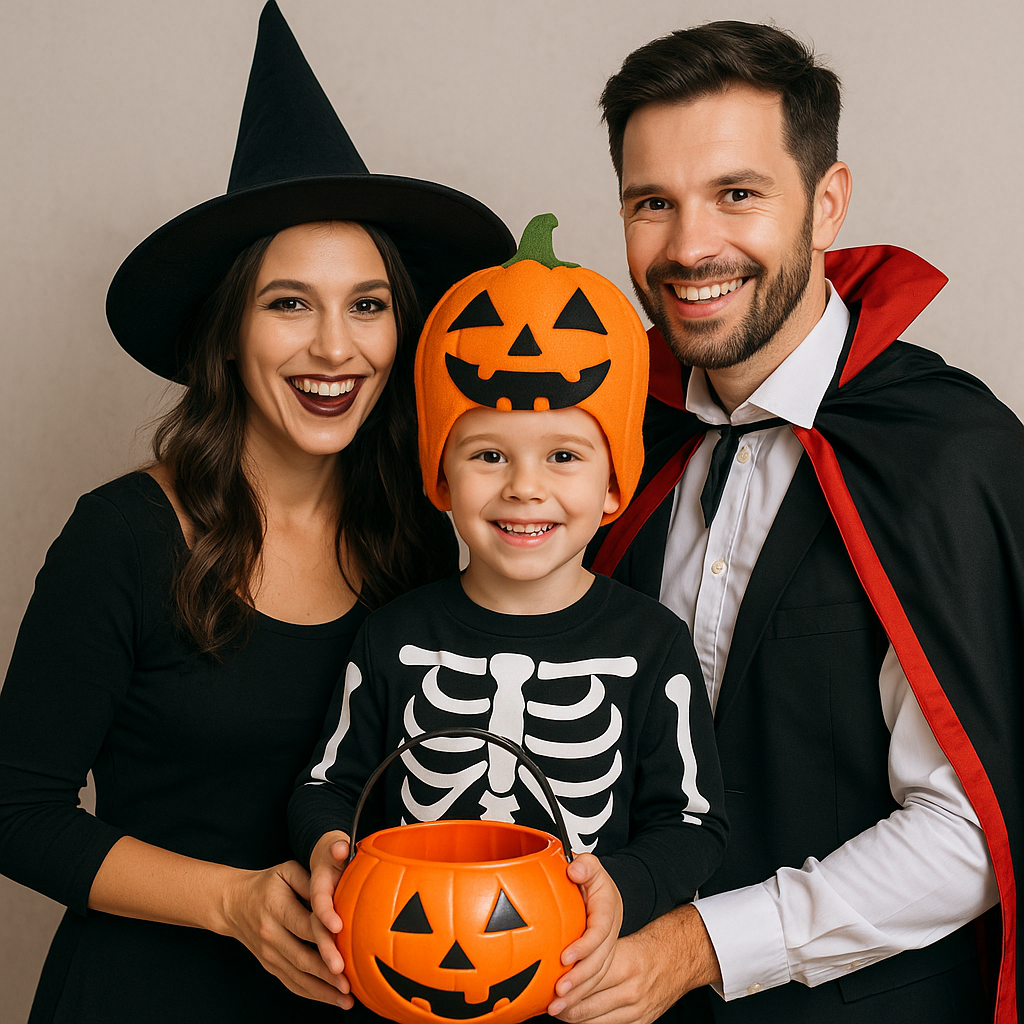 엄마,아빠,아이가 할로윈복장을 한 사진