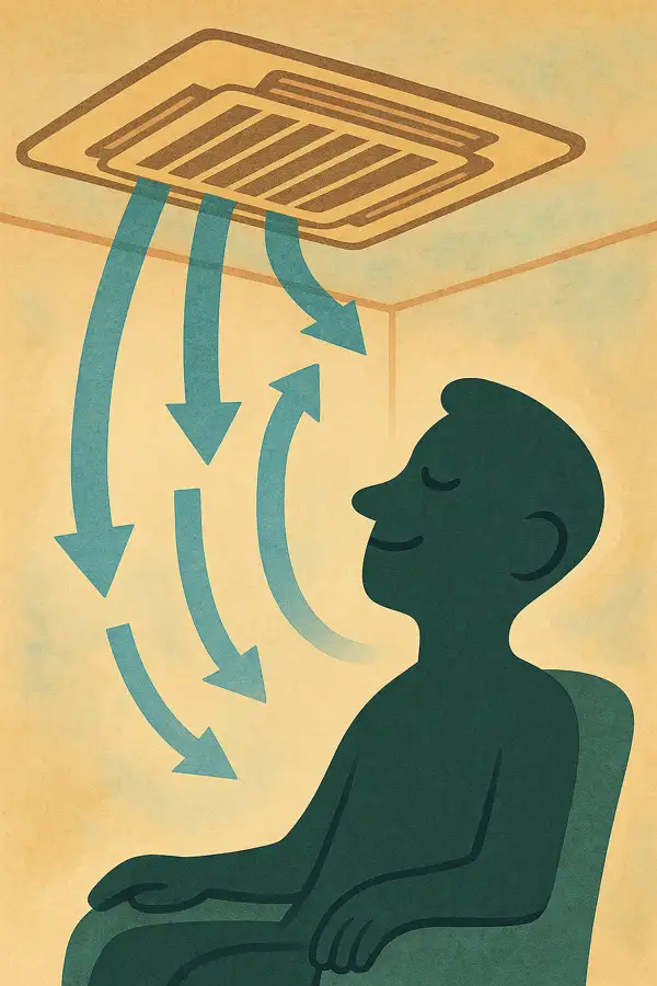 천장형 에어컨의 바람 각도와 공기 순환 패턴을 보여주는 다이어그램과 함께, 쾌적한 환경에서 편안함을 느끼는 사람의 실루엣