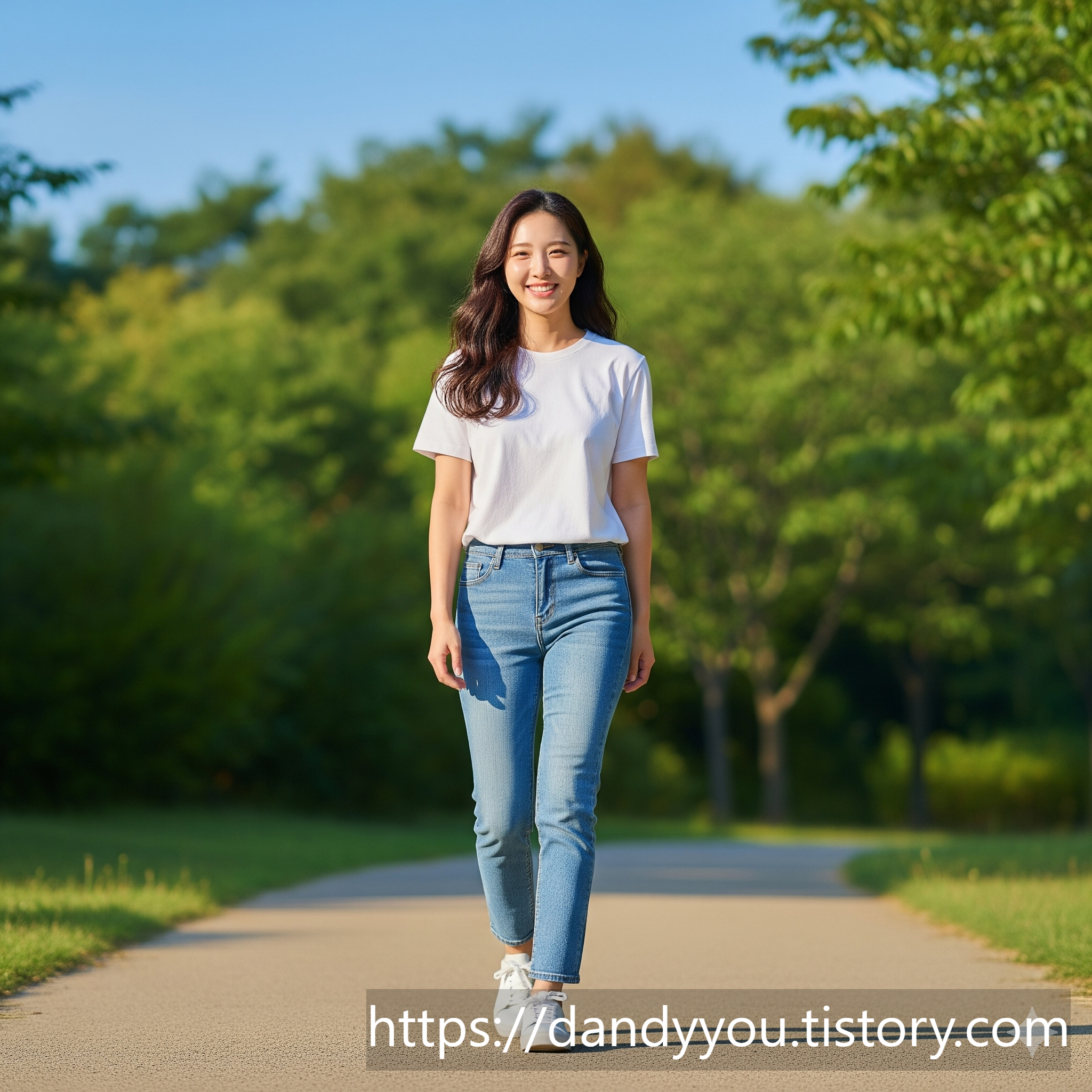 화이트 티셔츠 + 청바지 + 스니커즈 패션 코디
