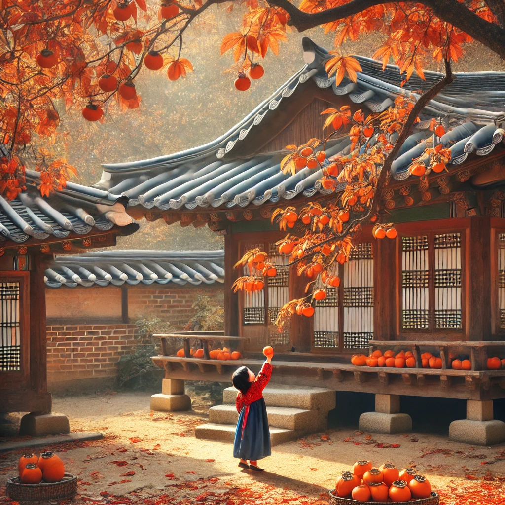 감나무에서 감을 따는 아이의 모습