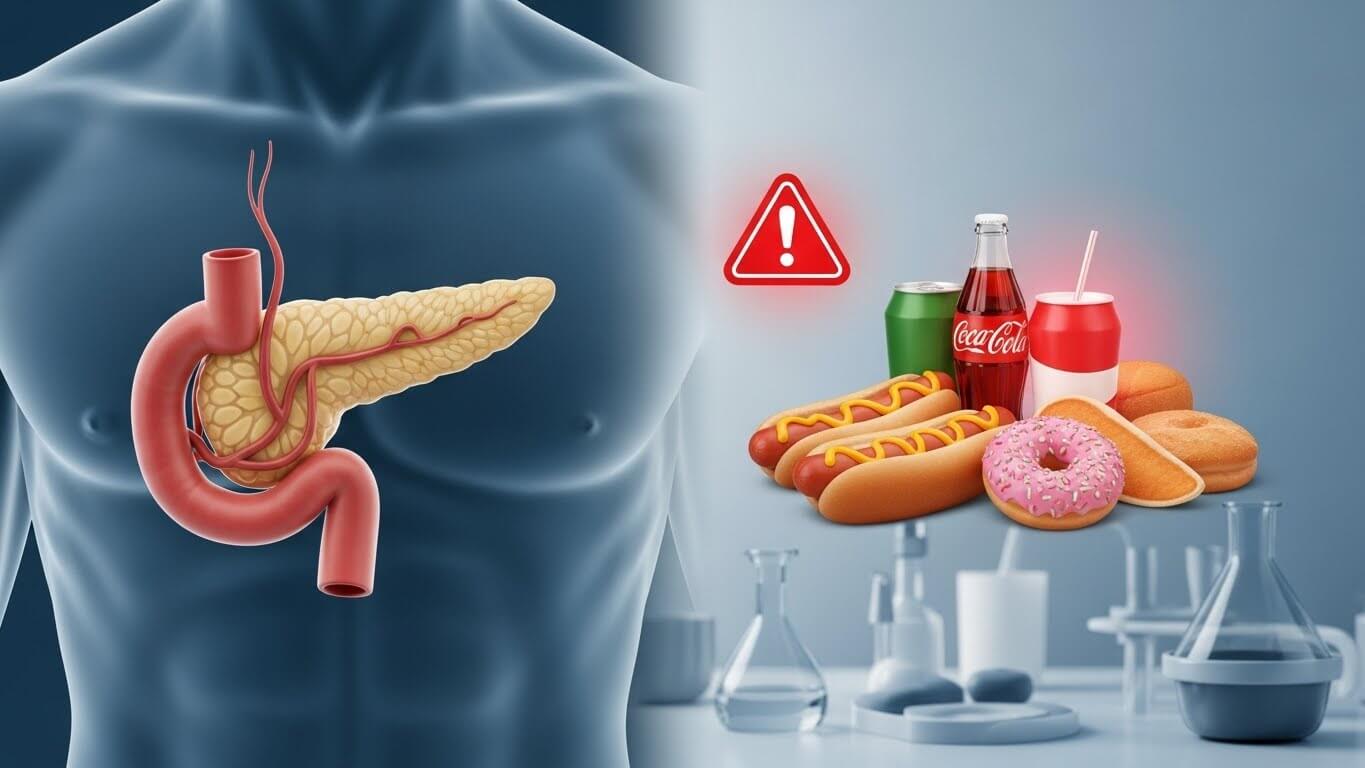 사람몸의 췌장 - 탄산음료 핫도그 도넛등 - WARING 표시